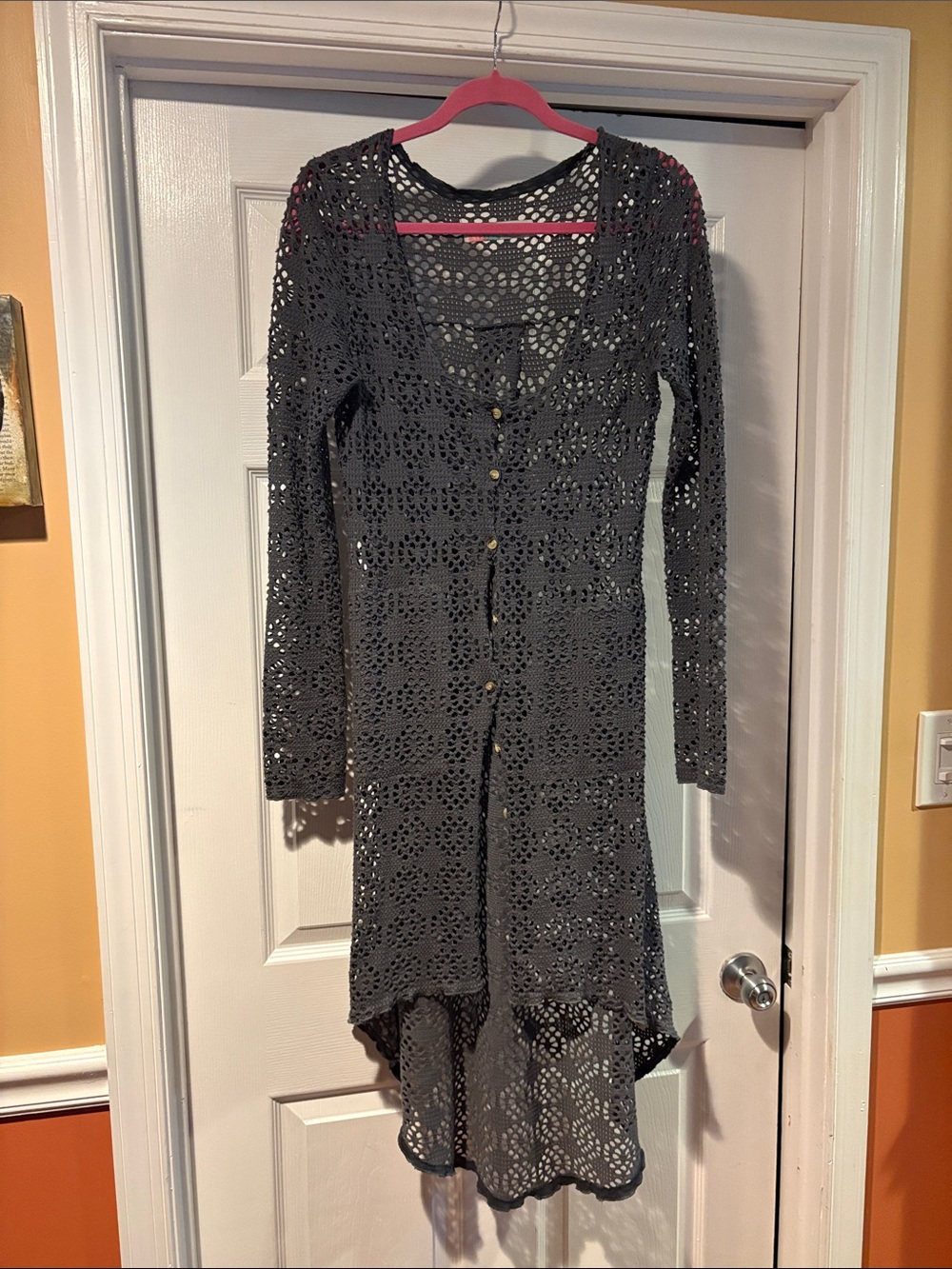 Gray Crochet Long Sleeve Button-Front Beach Cover Up